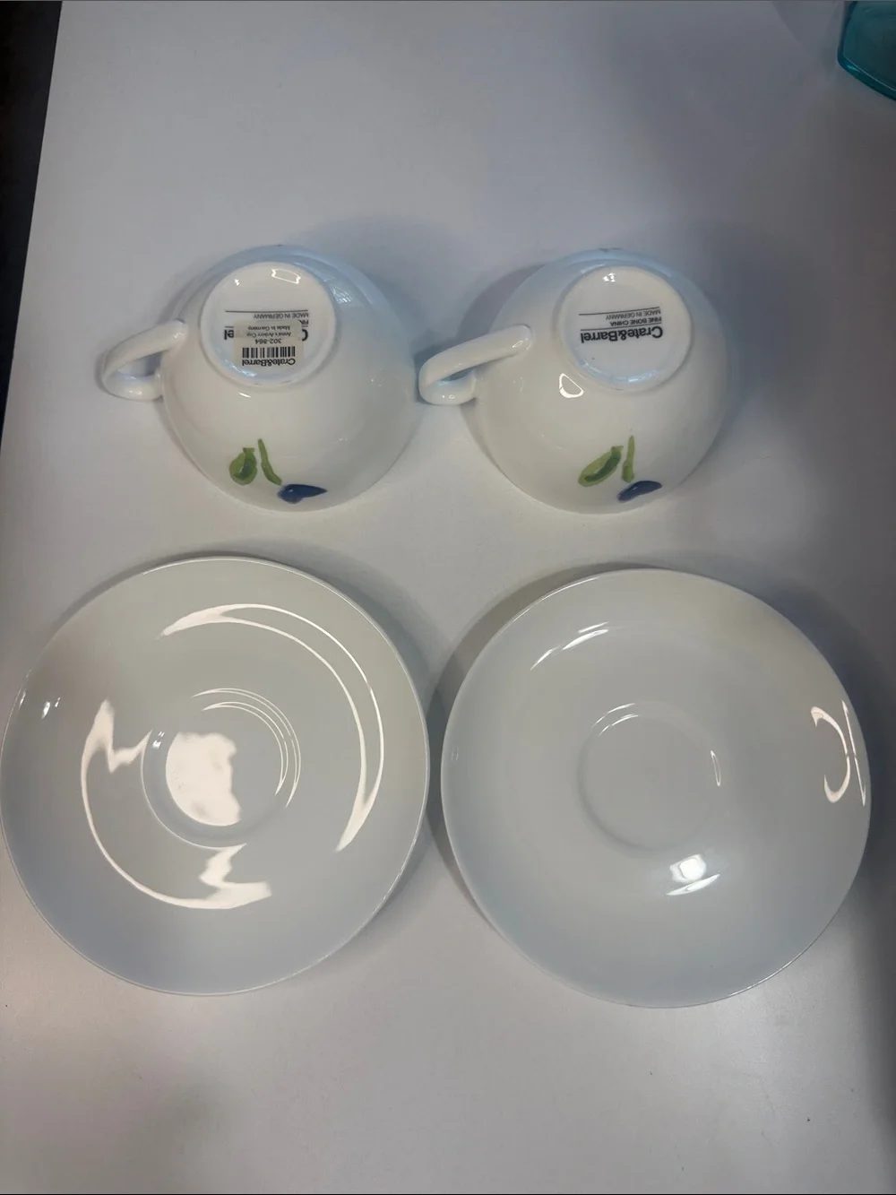 Crate&Barrel Anna’s Artistry Blue Flower Bone China Teacup and Saucer Set of Two